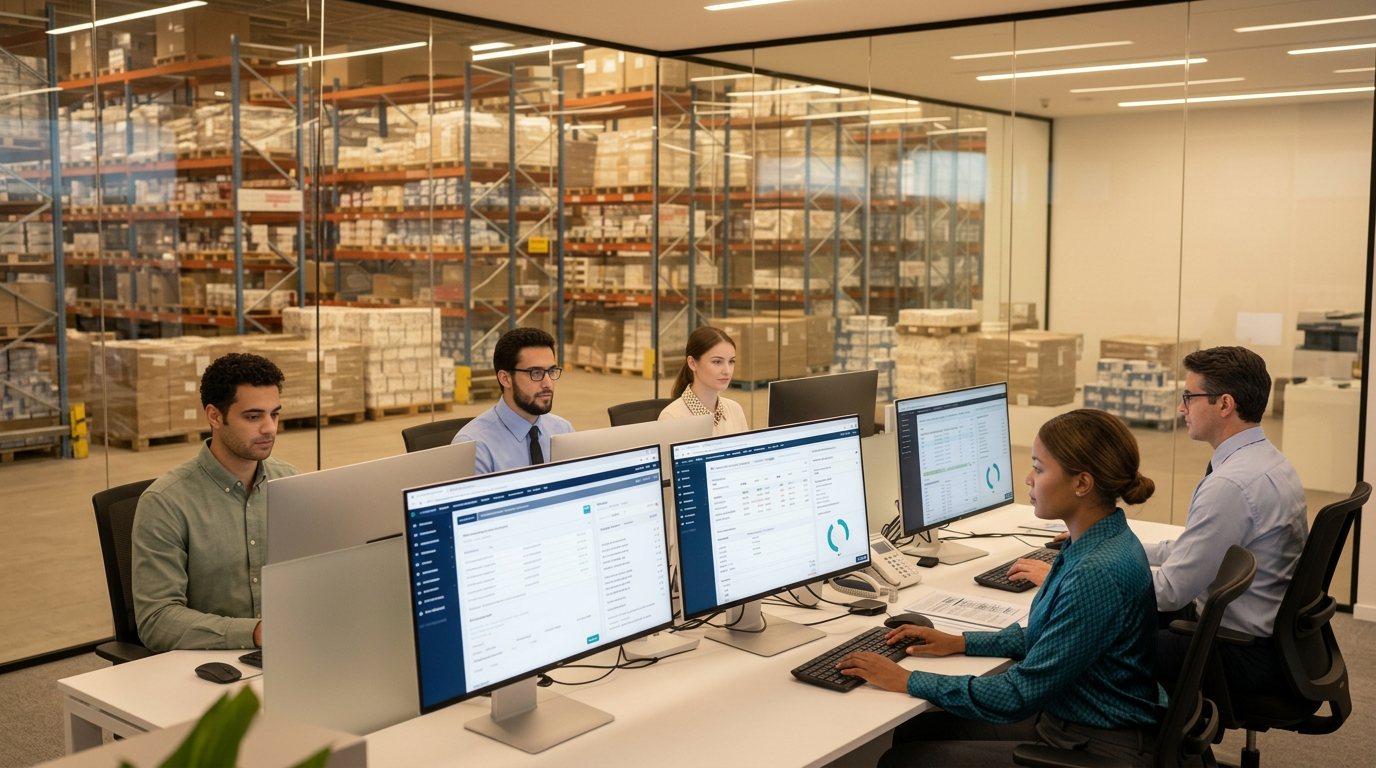 A DME billing team working in BFLOW® with the warehouse behind them