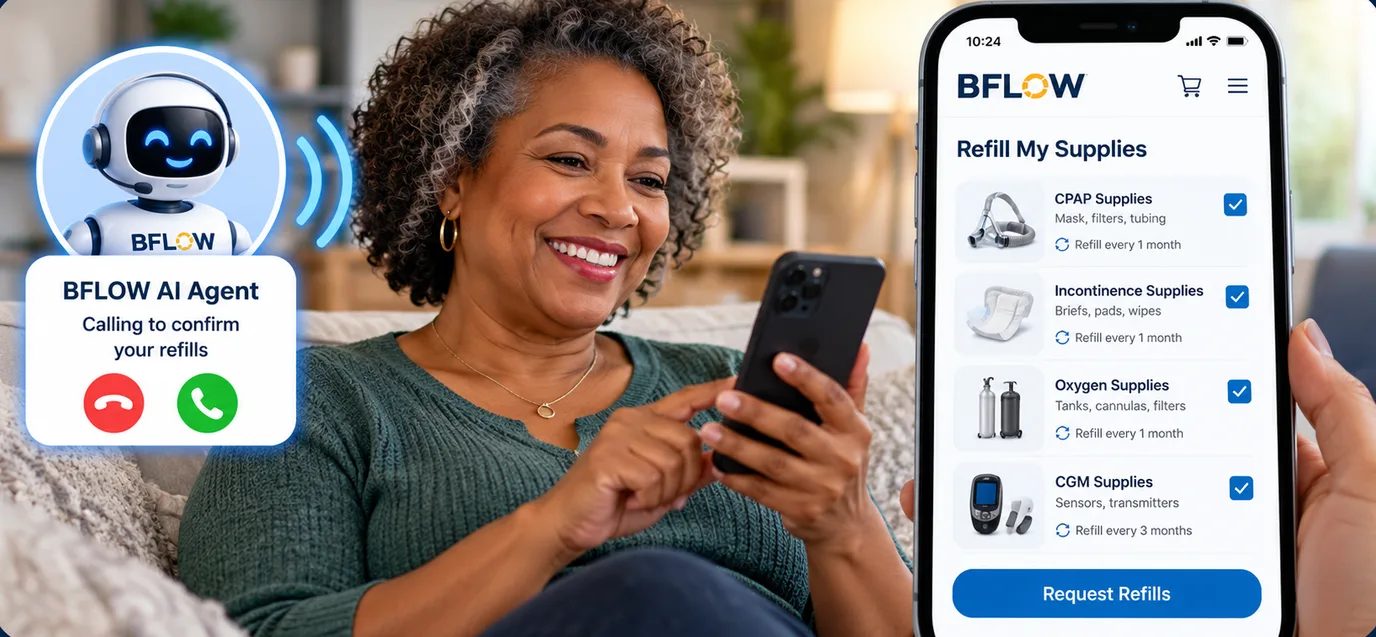 A patient confirming her supply refills in the BFLOW® app while the BFLOW AI agent calls