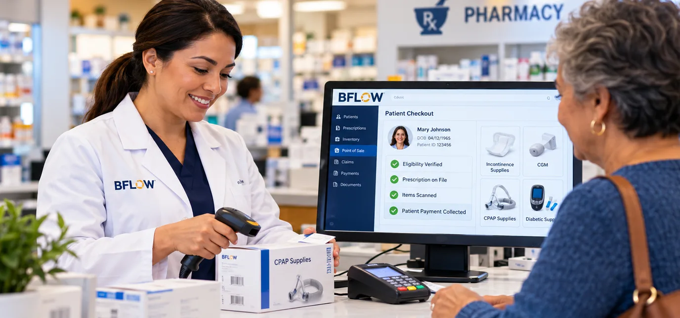 A pharmacist checking out a patient at the BFLOW® point of sale